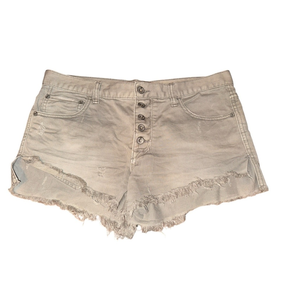 Free People Taupe Gray Button Fly Distressed Raw Hem Denim Shorts Womens 27